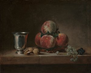 Csendélet őszibarackkal, ezüst serleggel, szőlővel és dióval, 1759-60 körül (olaj, vászon)