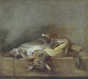 Csendélet nyulakkal, játéktáskával és púderkürttel, 1755 körül alkotó: Jean Baptiste Simeon Chardin