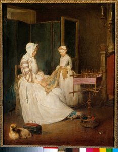 A dolgozó anya Anya, akinek lánya segített a hímzésben és a chedder használatában. Jean Baptiste Simeon Chardin (1699-1779) festménye 18. század V. 0,4x0,39 m alkotó: Jean-Baptiste Simeon Chardin