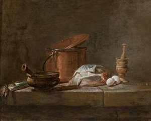 Póréhagyma, egy lábas, egy rézedény és egy fedő, egy hagyma és egy tojás, egy mozsárral és mozsárral, egy kőpárkányon. alkotó: Jean-Baptiste Simeon Chardin