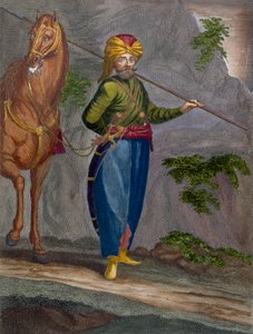Egy Spahi, 34. tábla Charles de Ferriol „Száz lenyomatának gyűjteményéből, amelyek a Levant különböző nemzeteit ábrázolják”, vésette Gerard Scotin (1671-1716), 1707-08 alkotó: Jean Baptiste Vanmour