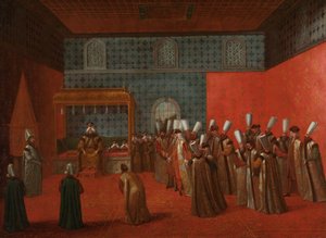 Cornelis Calkoen nagykövet a közönség előtt Ahmed szultánnal III Cornelis Calkoen nagykövet a III. Ahmed szultán mellett, 1727. szeptember 14. alkotó: Jean Baptiste Vanmour