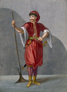 Egy albán katona, 78. tábla Charles de Ferriol „Levante különböző nemzeteit ábrázoló száz lenyomat gyűjteményéből”, vésette: Gerard Scotin (1671-1716), 1707-08 (színes e alkotó: Jean Baptiste Vanmour