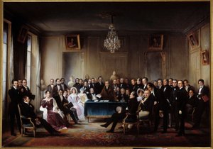 Francois Guillaume Andrieux költő és drámaíró Junius Brutus „” című tragédiáját olvassa fel a Comedie Francaise előcsarnokában 1828.05.26-án” Az ajándékok között Alexandre Dumas, Pierre Nicolas Michelot, Jean Francois Becquerel, Firmin, Victor Hugo, Eugene alkotó: Jean Beraud