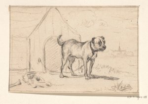 Pórázos kutya, a kennel előtt állva alkotó: Jean Bernard