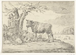 Farmer állt a kerítés mellett szarvasmarhákkal alkotó: Jean Bernard