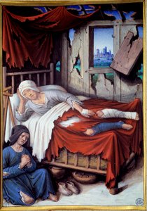 Szegény ember halála. Egy nő egy haldokló férfi ágyánál, imádkozz. Jean Bourdichon festménye (1457-1521)