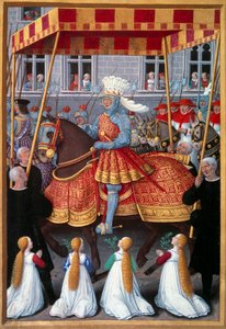 XII. Lajos király (1462-1515) diadalmas bejárata a Genesbe 1507 áprilisában Miniatűr Jean Marot (1450-1526) „Le voyage a Genes” című művéből, Jean Bourdichon (1457-1521) fényében 1508. Paris, B.N.