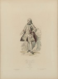 Párizsi divat: XV. Lajos uralkodása (kézzel színezett metszet) alkotó: Jean Charles (1800-79) Pauquet
