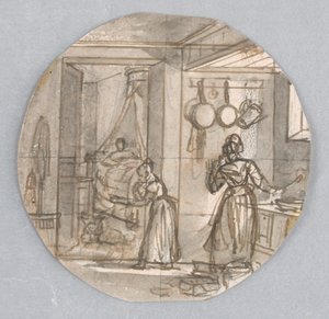 Tervezés festett porcelántányérhoz, konyhai jelenethez hátsó hálószobával, esetleg a Service des Objets de Dessert (desszertszolgáltatás) számára alkotó: Jean Charles Develly