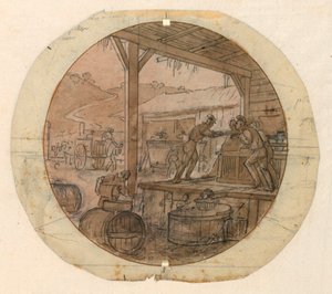 Tervezés festett porcelántányérhoz, áruk be- és kirakodásához alkotó: Jean Charles Develly