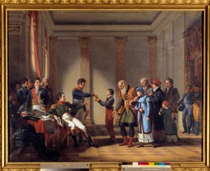 I. Napóleon császár (1769-1821) jótékonysága az 1807. januári lengyel hadjárat során: A császár száz napóleon nyugdíjat adott Nerockinak, 117 éves Tardieu János festménye (1765-1830) 19. század V. 1,15x1,46 m - A császár jótékony cselekedete