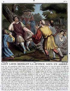 Saint Louis (1215-70) igazságot szolgáltat egy fa alatt, vésette: Jean Baptiste Morret (fl. 1790-1820) 1789 (színes metszet) alkotó: Jean Claude (after) Naigeon