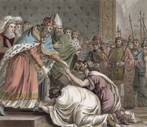 Nagy Károly (742-814) fogadja a nagyköveteket a keleti császártól, vésette Jean Baptiste Morret (fl. 1790-1820), 1789 alkotó: Jean Claude Naigeon