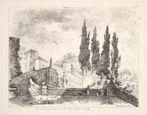 Kilátás a tivoli Villa dEste kertjére, jobbra ciprusi fák, lépcsőház..., 1764.