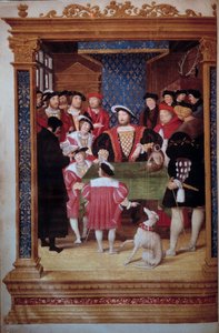 Antoine Macault olvassa fordítását I. Francois királynak (1494-1547) és udvarának. A királyt fiai, Francois, Henri (a leendő II. Henrik) és Károly veszik körül. Bal oldalon ábrázolások (balról jobbra): Claude d