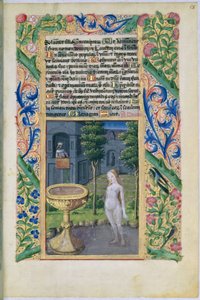 Ms Lat. Q.v.I.126 f.58 Dávid kémkedik Batsabé után, miközben ő fürdik, Louis dOrleans óráinak könyvéből, 1469
