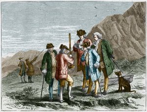 Florin Perier méri Evangelista Torricelli vagy Toricelli barométerének (higanycső) magasságát a Blaise Pascal levegő gravitációjával kapcsolatos kísérlet során, a Puy de Dome tetején (1648). Yan Dargent metszet.