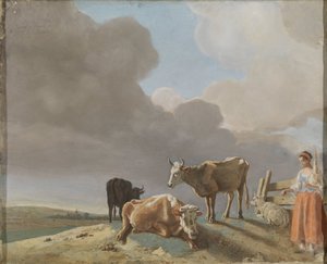 Táj tehenekkel, juhokkal és pásztorlánnyal, Paulus Potter festménye nyomán módosított másolat, a pásztorlány Karel Dujardin festményéről másolva (recto); befejezetlen férfiportré (verso) alkotó: Jean Étienne Liotard