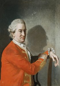 James Hamilton, Clanbrassil 2. grófjának portréja, félhosszú, vörös kabátban, mahagóni székben ülve, profilja árnyékban a falon, 1774 alkotó: Jean Étienne Liotard