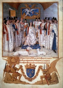 A Szent Michel-rend egy káptalan tartotta XI. Lajos (1423-1483) körül. Miniatűr Jean Fouquet (1420-1481) „Szent-Michel-rend statútumából” 1470 Párizs, B.N. alkotó: Jean Fouquet
