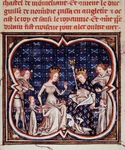 I. Fülöp francia király (1052-1108) feleségével, Hollande-i Berthe-vel és gyermekeikkel, Franciaországi Konstanzával (1078-1125) és VI. Lajossal (1081-1137) Miniatűr a „Les grandes chronicles de France”-ból” (ms. fr 2813 fol. 182) 1375-1380 Paris, B.N. alkotó: Jean Fouquet