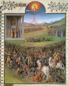 Ms Fr 247 f.70 A héberek csatája a kánaániták ellen, valamint Korah és a lázadók büntetése, illusztráció az „Antiquites Judaiques” című könyvből, 1470 körül alkotó: Jean Fouquet