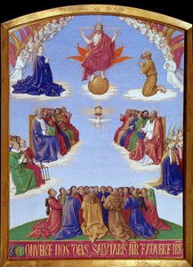 Pünkösd: a Szentlélek mennybemenetele. Miniatűr Jean Fouquet (1420-1477/1481) „Etienne Chevalier óráinak könyvéből” alkotó: Jean Fouquet