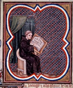 Prímás, aki a Saint Denis-i apátságban írja Franciaország nagy krónikáit. Miniatúra Jean Fouquet (1420 - 1481) "Grandes Chronicles de France" című kéziratából. Párizs, B N alkotó: Jean Fouquet