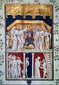 VI. Károly (1368-1422) megkoronázása Franciaország társai által 1380.09.16-án. Miniatűr a Grandes Chronicles de France-ból”” Jean Fouquet (1420-1481) 15. századi Párizs, B.N. alkotó: Jean Fouquet