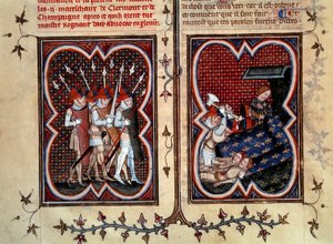A marechaux Robert de Clermont és Jean de Conflanst Etienne Marcel (1315-1358) és emberei meggyilkolták Charles delfin (a jövő V. Károly) szobájában a Palais de la cite-ban február 22-én. alkotó: Jean Fouquet