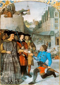 Rochechouart vikomtja királyi hírnököt fogad. Jean Fouquet (1420-1481) miniatúrája a „Franciaország nagy krónikáiból”. 1455-1460 alkotó: Jean Fouquet