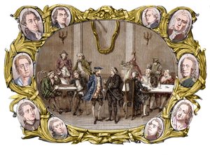 Párizs – A „Procope” kávézó a 18. században jobbról balra, a medálokban Georges Louis Leclerc, Comte de Buffon, Nicolas Joseph Florent Gilbert, Denis Diderot, Jean le Rond d