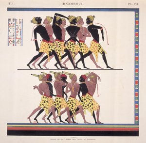 Az ibsambuli núbiai rabszolgákat ábrázoló freskók értelmezése a művész "Monuments de l"Egypte et de la Nubie" című művéből, 1835 körül