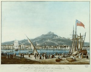 Kilátás a városra és Marseille kikötőjére a városházáról, 1815-30 körül (akvatinta)