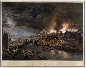 Granville a vendéiek által ostromlott lángokban, J. François Hue festménye alapján, c. 1800. alkotó: Jean-Francois Hue
