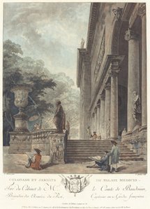 Oszlopsor és Jardins du Palais Medici A Medici-palota oszlopcsarnoka és kertjei, c. 1776 alkotó: Jean Francois Janinet
