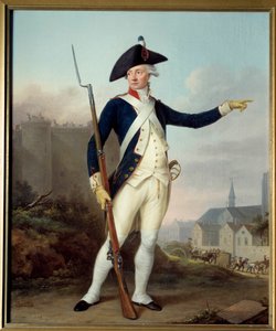 Francia forradalom: "" Nau Deville polgár egészalakos portréja nemzetőr egyenruhában (a háttérben a Bastille lerombolása) alkotó: Jean Francois Marie Bellier