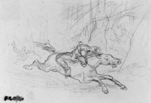 Hátulnézet férfi vad ló egy erdőben. Simon Butler alkotó: Jean Francois Millet