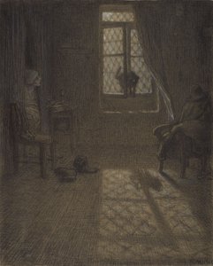 Le chat vagy A macska az ablaknál, 1857-58 (konté zsírkréta és pasztell domborítással és keveréssel, szőtt papírra rögzítve) alkotó: Jean Francois Millet