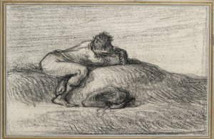 Ember kuporog egy domboldalon, 1848-1850 (fekete zsírkréta törtfehér papíron, halványkék papírra fektetve, három arany vonallal szegélyezve) alkotó: Jean Francois Millet
