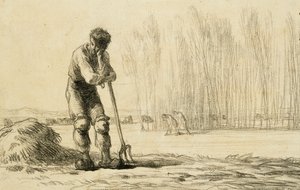 Vasvillára támaszkodó paraszt, alkotó: Jean Francois Millet