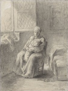 Ülő nő csecsemővel az ablak mellett, 1824-75 körül (kréta papíron) alkotó: Jean Francois Millet
