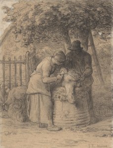 Birkanyírás a fa alatt, 1854 körül (konté zsírkréta tollal, barna tintával és gouache-val papíron) alkotó: Jean Francois Millet