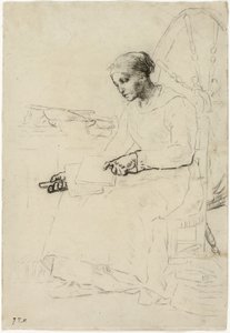 A gyapjúkártyás (recto); Töredékes vázlat a kerítés mellett álló emberről (verso) alkotó: Jean Francois Millet