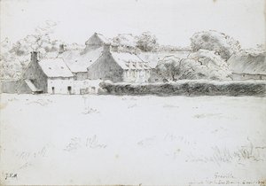Kilátás a mezőgazdasági épületekre, 1871 (grafit fekete krétával, tollal, tintával és zsírkrétával a papíron) alkotó: Jean Francois Millet
