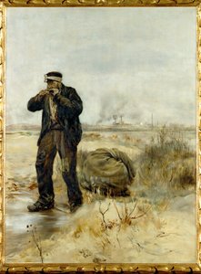 Chiffonnier allumant sa pipe - rongyszedő meggyújtja pipáját (olaj, fa)