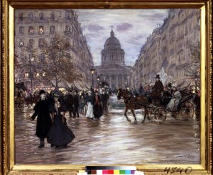 ""Boulevard Saint Michel"" Kilátás a rue Soufflot-ra és a Pantheonra a Luxembourg-kertről és a párizsi Saint-Michel körútról, taxik és elegáns párok élénkítik az utcát az esti órákban. Jean Francois Raffaelli festménye (18 alkotó: Jean Francois Raffaelli