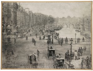Párizs, Place de Saint Michel a Quai des Grands Augustins-szal és a Pont Saint Michellel az előtérben, valamint a Pont Neuf-pal és a Louvre-val a háttérben, 1900 körül alkotó: Jean Francois Raffaelli