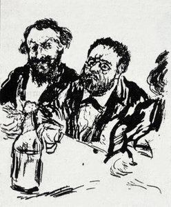 Edouard Manet festő (1832-1883) és Emile Zola író (1840-1902) az asztalnál Jean Francois Raffaelli (1850-1924) karikatúrája alkotó: Jean Francois Raffaelli